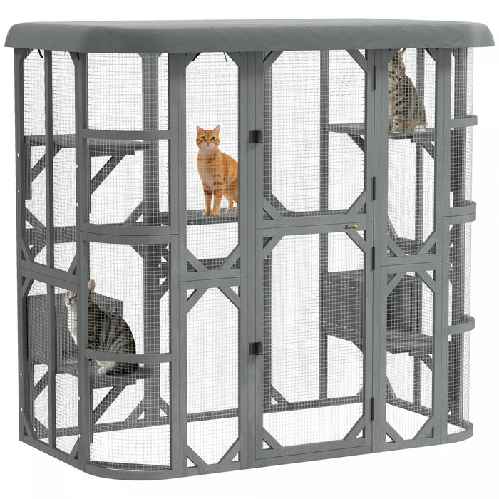 PawHut Catio Outdoor Cat Enclosure, 71\"H Wooden Cat House with 5 Jumping Platforms, 2 Condos and Waterproof Cover, Walk-in Kitty Cage for 2–3 Kittens, Grey
