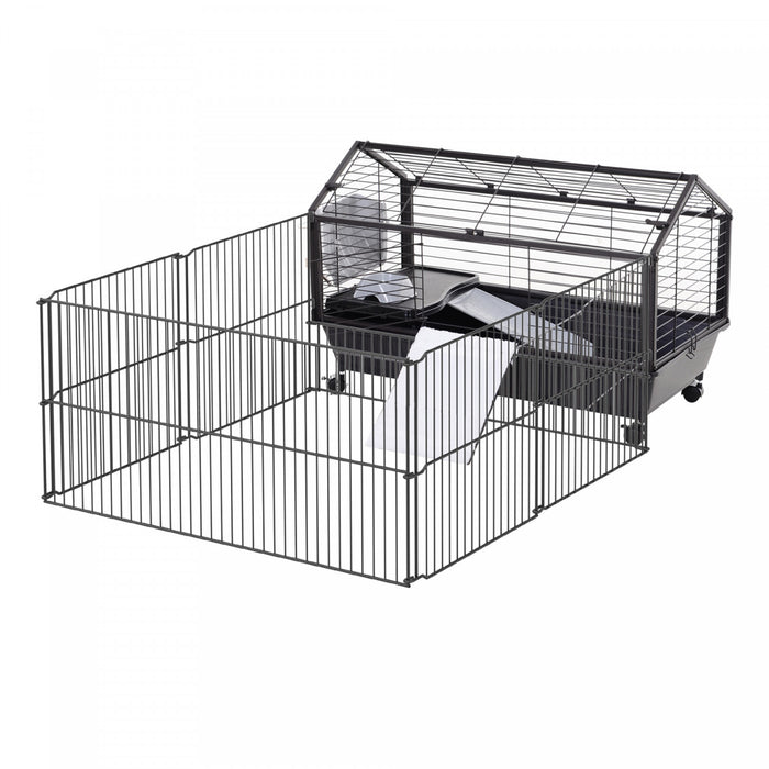 Pawhut Metal Small Rabbit Hutch Cage Main House Guinea Pig Hutch Small Animal Shed W/ Wheels And Brakes Foldable Large Run Detachable Black (35\" L X 50.5\" W X 22\" H)
