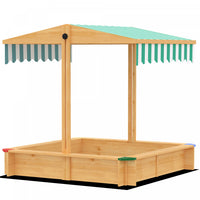 Outsunny Wooden Sandbox with Cover, Kids Sandbox Outdoor with Adjustable Canopy, Seats, and Bottom Liner for Backyard, Beach, 47