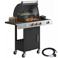 Outsunny 3 Burner Propane Gas Grill with Side Burner, 36,000 BTU BBQ Grill, Propane BBQ, Cast Metal Grates, Thermometer, Warming Rack, Cabinet, Wheels, Side Tables