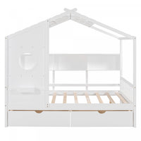 Jeames Wood House Bed with 2 Storage Drawers and Shelf, Full Size - White 