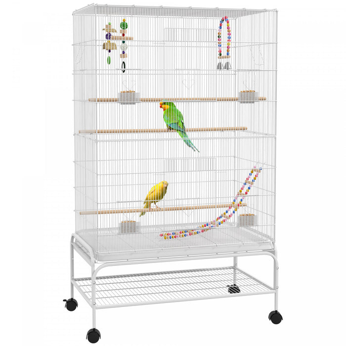 Pawhut 52\" Bird Cage For Budgies Cockatiels Canaries Lovebirds Finches With Rolling Stand, Toys, Removable Tray, Storage Shelf, White