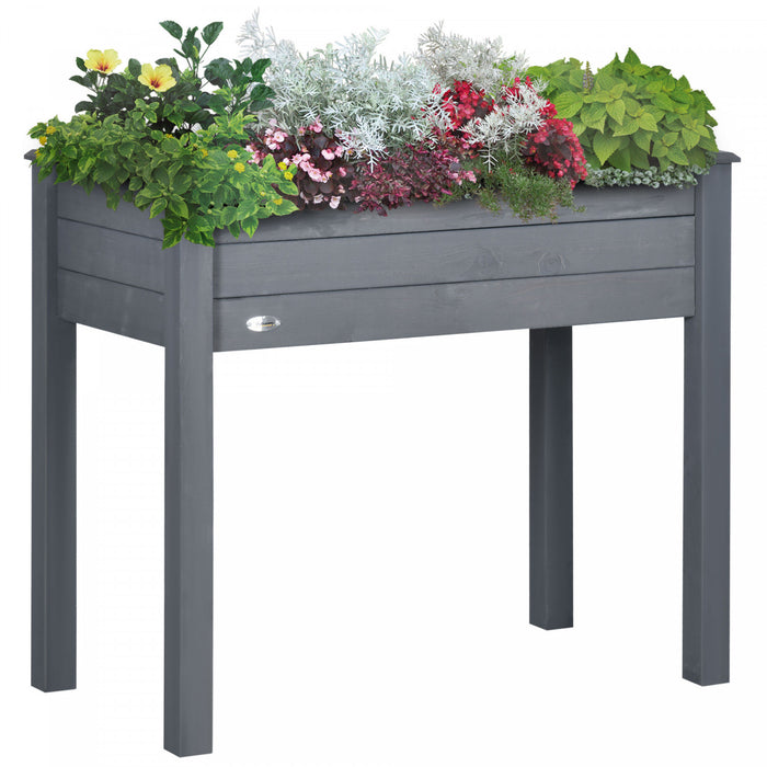 Outsunny 34\"x18\"x30\" Elevated Planter Box With Legs Wooden Patio Raised Garden Bed Outdoor Flower Stand Yard Plant Table Raised Flower Planter W/ Inner Bag Dark Grey