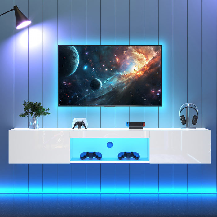 Evan Floating TV Stand with LED Lighting and Storage Doors,White