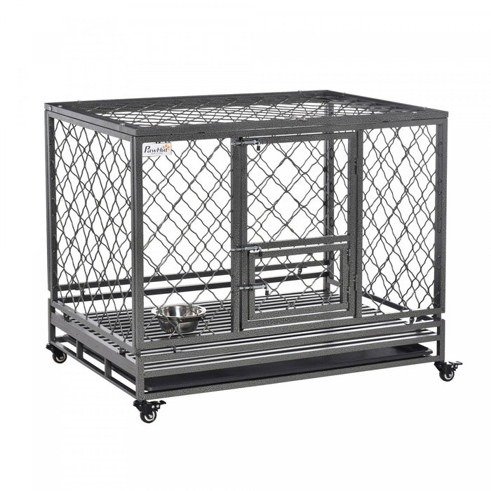 Pawhut Heavy Duty Dog Crate, Metal Dog Kennel Cage With Wheels, Openable Top, Removable Tray, Stainless Steel Bowl, For Small, Medium, Large & Xl Dogs, 42.5\" X 29\" W X 35\"
