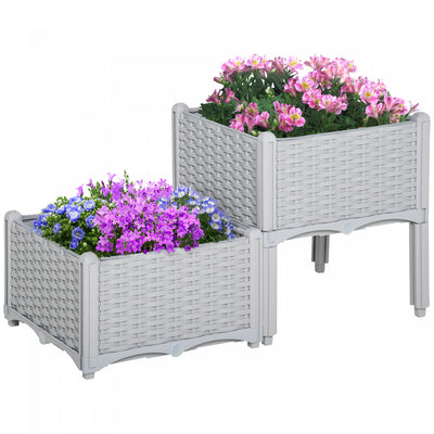 Outsunny 2 Piece Raised Garden Bed PP Raised Flower Bed Light Grey