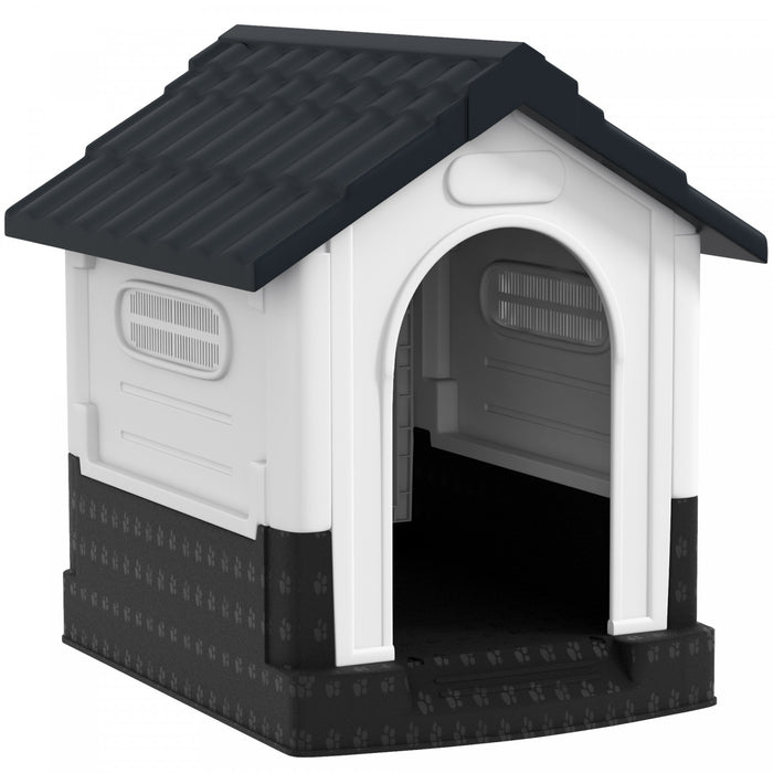 PawHut Outdoor Dog House, Plastic Dog Kennel, Water-Resistant Pet Shelter with Windows, Base Support for Garden Patio, Miniature Dogs, 64.5 x 57 x 66cm - Dark Grey