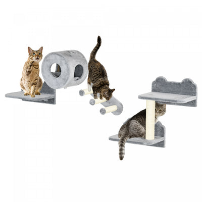 Pawhut 4 Pcs Cat Wall Shelves, Pet Wall-mounted Climbing Shelf Set, Kitten Activity Centre With Cond|Pawhut Etageres Murales Pour Chats 4pcs, Ensemble D'etageres D'escalade Murales Pour Animaux De Comp