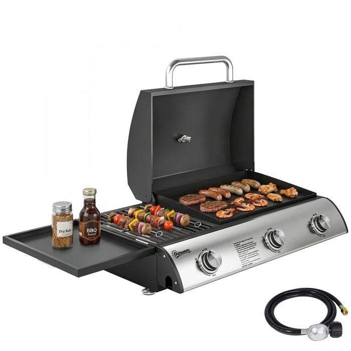 Outsunny 3 Burner Portable Propane Gas Grill Griddle, 2-in-1 Tabletop Grill and Griddle Combo with Convertible Shelf, Thermometer, Lid, Adjustable Foot Pads, 28,500 BTU, Black