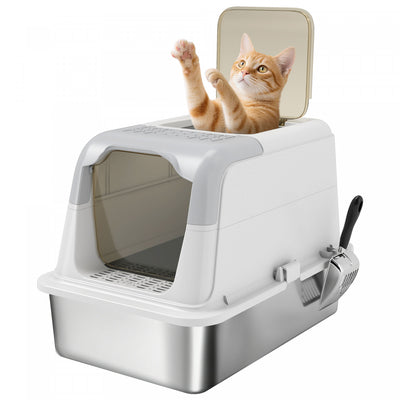 Pawhut Stainless Steel Litter Box With Lid, Enclosed Kitty Litter Box With High Sided, Front-entry And Top-exit, Scoop, Deodorizer Bag, Non-sticky And Easy To Clean, For Big Cats