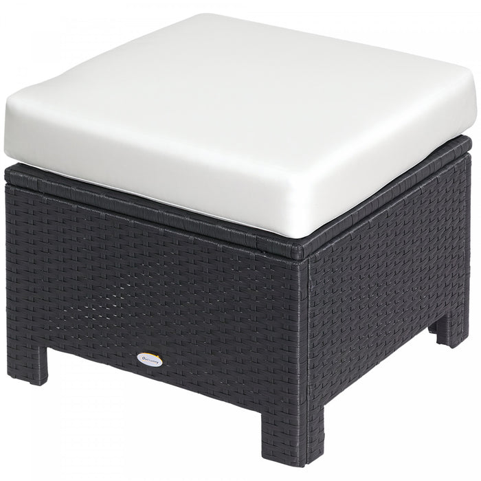 Outsunny Patio Rattan Ottoman w/ Cushion and Metal Frame for Garden, White