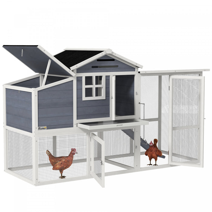 Pawhut 76\" Wooden Chicken Coop, Outdoor Hen House Poultry Duck Goose Cage With Outdoor Run, Nesting Box, Removable Tray And Lockable Doors, Grey