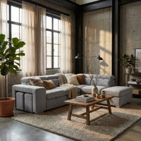 Pax 105 in. Fabric Sleeper Sectional with Storage Chaise, Nested Stools and Adjustable Headrests - Grey 