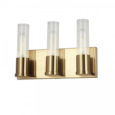 Dainolite Tube 3 Light Vanity Light Aged Brass Clear Fluted Glass Lamp|Lumière de coiffeuse Tube de Dainolite en verre cannelé transparent, avec fini laiton vieilli et 3 ampoules