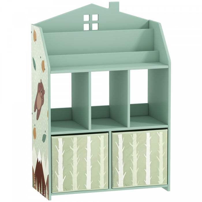 Qaba Kids Bookshelf with Toy Storage, Children's Bookcase with Book Display, Shelves and Fabric Drawers, Toy Organizer for Playroom and Nursery, Green