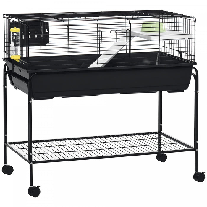 PawHut Small Animal Cage, 36.5\" Rolling Guinea Pig Cage with Detachable Stand, Water Dispenser, Food Dish, Ramp, Wheels, for Rabbit, Bunny, Ferret, Chinchilla, Dark Grey