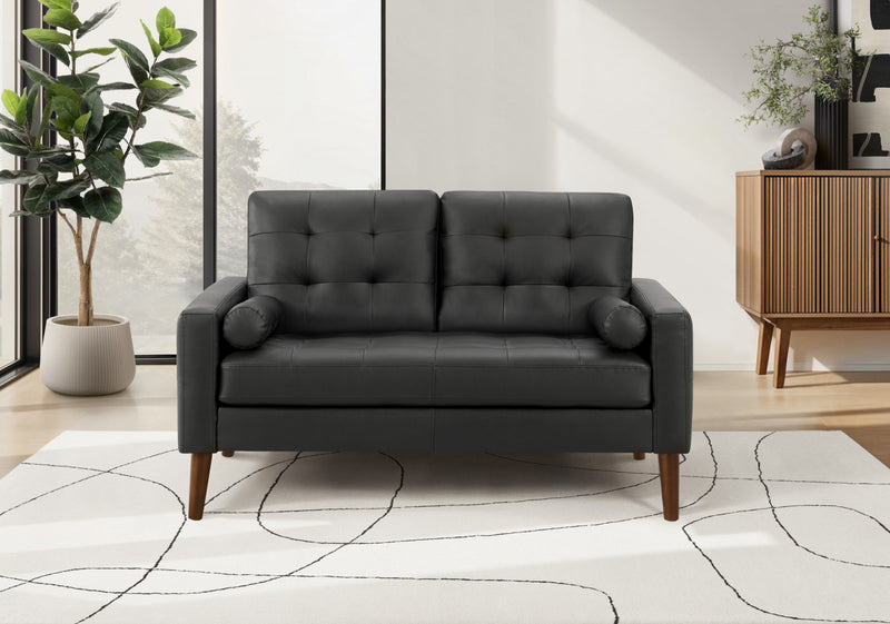 Upholstered Love Seat, 58\" Long, Black Leather Look, Walnut Wood Legs, Mid-Century Modern Loveseat