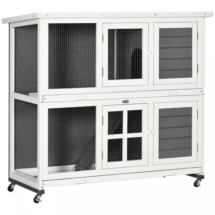 Pawhut Wooden Rabbit Hutch, 2 Tier Bunny Cage With Wheels, Waterproof Roof, Removable Tray, Guinea Pig Cage For Outdoor & Indoor, Dark Grey