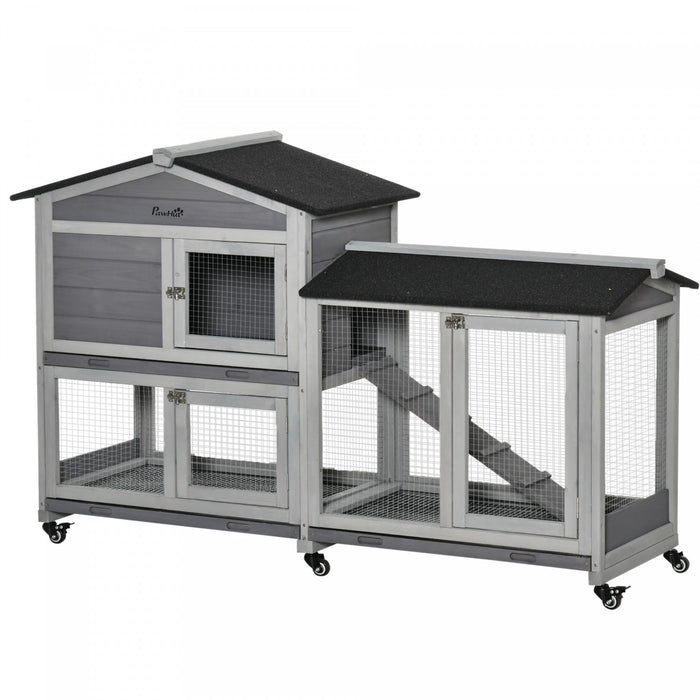 Pawhut 62\" Wooden Rabbit Hutch, Bunny Cage With Wheels, Run Box, Tray, Ramp For Small Animals, Guinea Pig, Indoor Outdoor Use, Light Grey