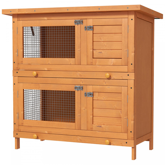 Pawhut Wooden Rabbit Hutch, 2-tier Outdoor Bunny House With Pull-out Trays, Rooms, Doors, For Backyard, Garden, Yellow