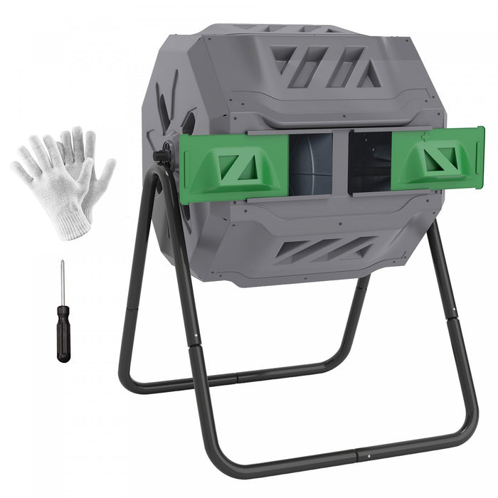 Outsunny 43 Gallon (160L) Tumbling Compost Bin Outdoor Dual Chamber 360° Rotating Composter with Sliding Doors, Solid Steel Frame and Gloves, Dark Green