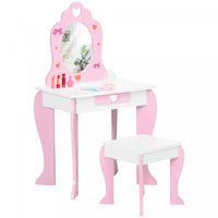 Qaba Kids Vanity Table & Chair Set, Girls Dressing Set, Make-up Desk With Drawer, Love Heart & Bow P