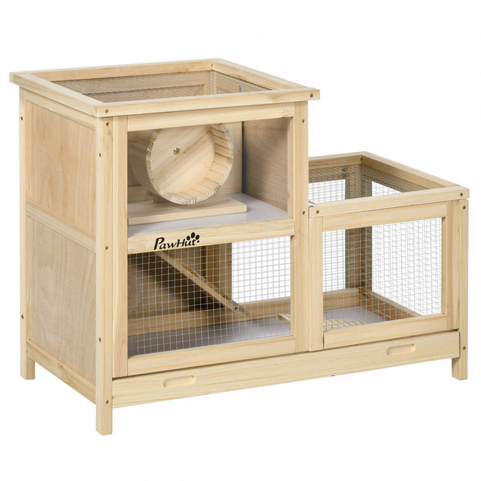 Pawhut Wooden Hamster Cage, Mice Rodent Small Animals Kit Hutch, 2 Tiers Exercise Play House, With Sliding Tray, Ladder, Seesaw, Running Wheel, Openable Roofs, 31\" X 16\" X 23.5\", Natural Wood