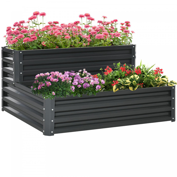 Outsunny 2 Tier Raised Garden Bed, 47\" X 40\" X 23'' Galvanized Steel Planter Box For Vegetables, Flowers And Herbs, Dark Gray