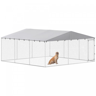 PawHut Outdoor Dog Kennel, Heavy Duty Dog Run Outdoor Fence with Waterproof Cover, Galvanized Chain Link, Secure Lock, for Large Breeds, Chickens, Ducks, 14.8' x 14.8' x 7.1'