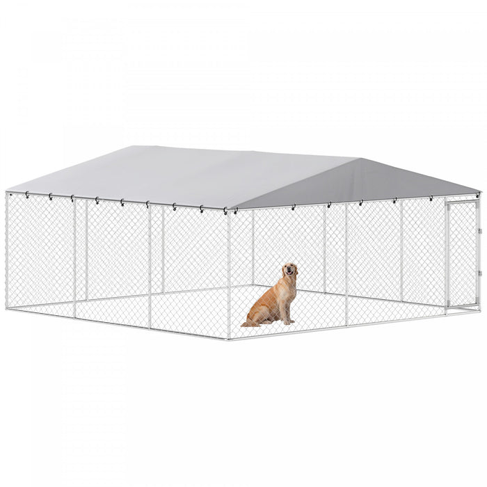 PawHut Outdoor Dog Kennel, Heavy Duty Dog Run Outdoor Fence with Waterproof Cover, Galvanized Chain Link, Secure Lock, for Large Breeds, Chickens, Ducks, 14.8' x 14.8' x 7.1'