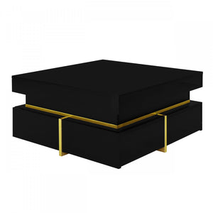 Ava High-Gloss Coffee Table with Storage Drawers and Gold Accents,Black