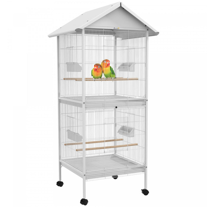 Pawhut Wrought Metal Bird Cage Feeder With Rolling Stand Perches Food Containers Doors Wheels 67\" H, White