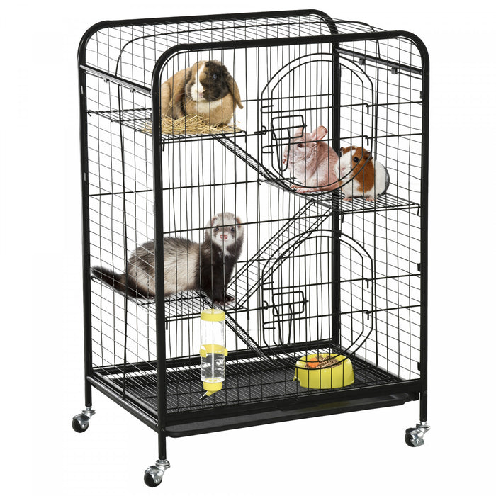 Pawhut 4-tier Metal Small Animal Cage With Wheels, Metal Bunny Playpen With 2 Doors, Platforms, Ramps, Sliding Tray, For Ferret, Chinchilla