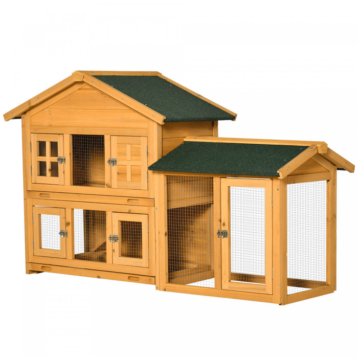 Pawhut 59\" Wooden Rabbit Hutch 2 Tier Bunny House Pet Playpen Enclosure For Indoor Outdoor With Slide-out Tray, Ramp, For Rabbits And Small Animals, Orange