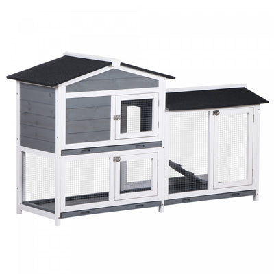 Pawhut 2-tier Wood Rabbit Hutch Backyard Bunny Cage Small Animal House W/ Ramp And Outdoor Run, Grey|Pawhut Clapier A Lapin A 2 Etages En Bois Pour Petits Animaux Avec Rampe, Plateau Sans Fuite, Toit R