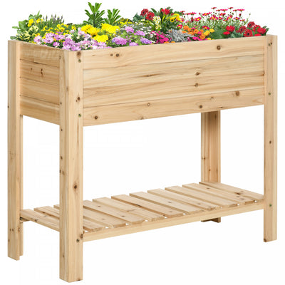 Outsunny Wooden Raised Garden Bed Planter W/storage Shelf, Natural Wood