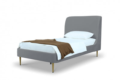 Heather Mid-Century Modern Velvet Upholstered Twin Bed in Gray and Gold | Lit une place Heather style milieu du siecle moderne en velours gris et or