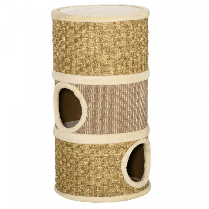 Pawhut Cat Condo 3 Story Three Holes With Sisal Seaweed Scratching Cover Surface, Cat Tower For Indoor Cats, 15\" X 28\", Khaki And Brown