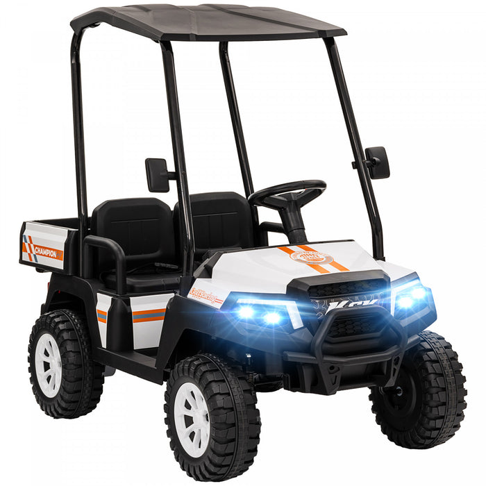 Qaba 2 Seater Electric Car For Kids, 24v Battery Powered Ride-On Kids Electric Car W/ Remote Control, 4 Wheels Spring Suspension, Soft Start, Storage, Sunshade, Music, Horn, Light, White