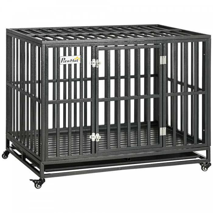 Pawhut 45\" Heavy Duty Steel Dog Crate Kennel Pet Cage With Wheels For Portability & 1 Doors For Convenient Access Anti-pinching Floor, Black