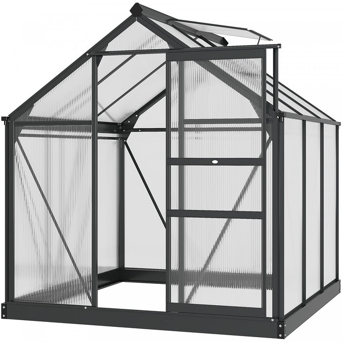 Outsunny 6' X 6' Clear Polycarbonate Greenhouse Walk-in Green House Garden Plants Grow Galvanized Base Aluminum Frame With Slide Doorwith Rain Gutter, Vent And Sliding Door, Grey
