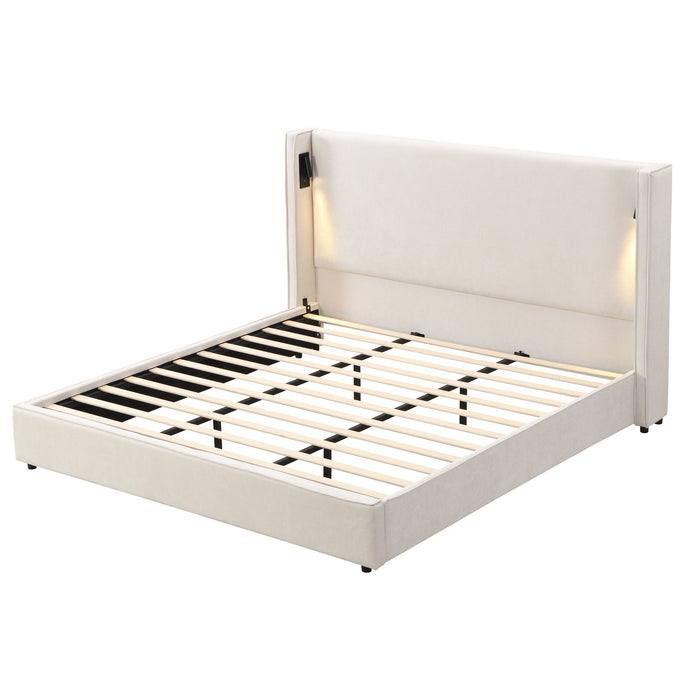 Olivia Upholstered Bed with Wingback Headboard and USB Ports,King Size - Beige