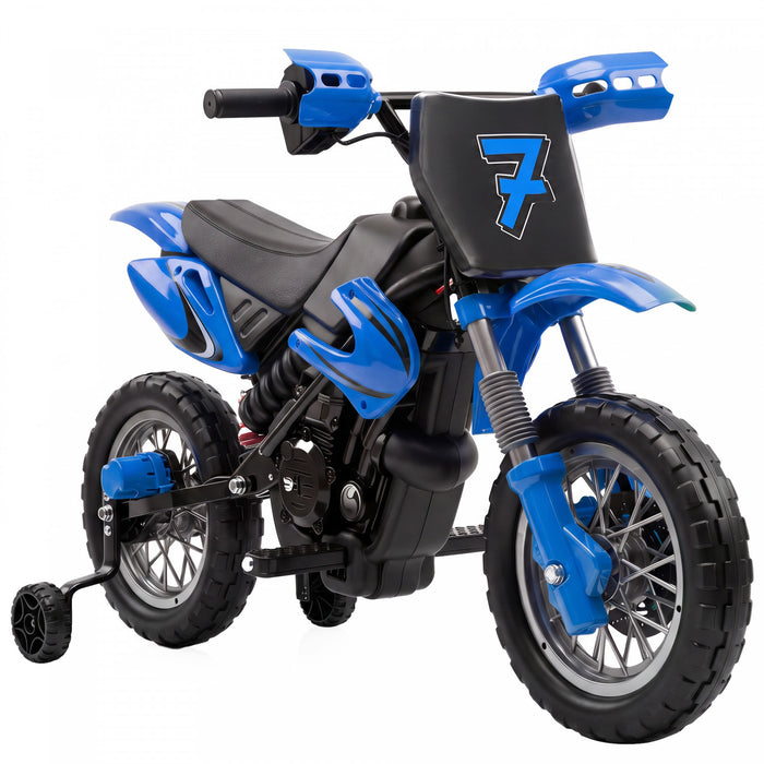 Qaba 12V Kids Electric Motorcycle, Battery Powered Ride on Motorcycle with Training Wheels, Electric Dirt Bike with Rear Suspension, Horn for Boys Girls 3-6 Years, Blue