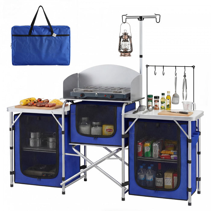 Outsunny Folding Camping Kitchen Table with Storage, Aluminum Portable Camping Table with 3 Fabric Cupboards, Windshield, Light Stand, Carrying Bag for BBQ, RV, Picnic, Blue