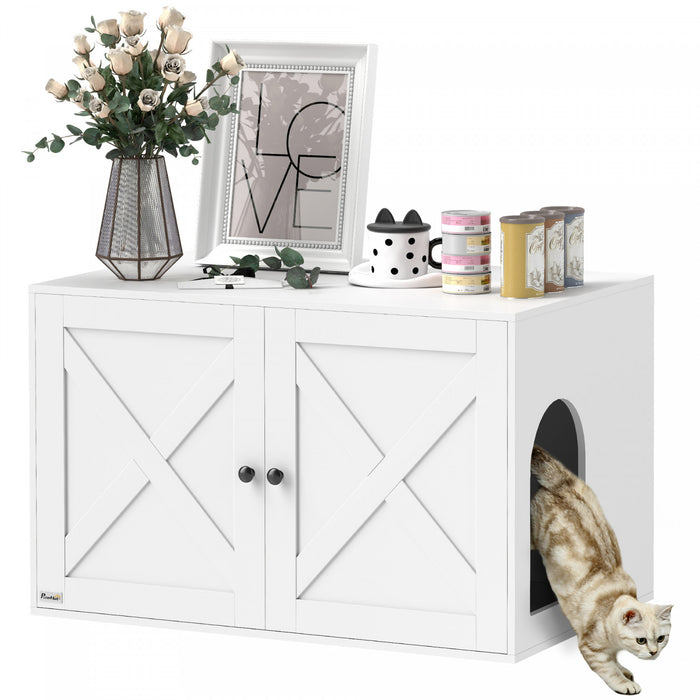 Pawhut Cat Litter Box Enclosure, Hidden Washroom Furniture With Doors, Cat Hole, Handles, Indoor Pet House Side End Table Fit Most Of Cat And Litter Box, 31.5\" X 21\" X 20\", White