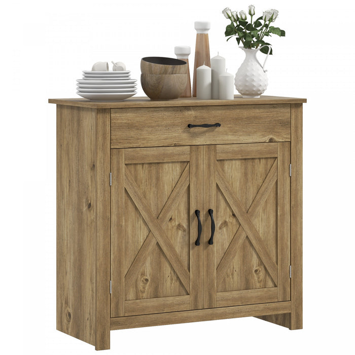 HOMCOM Farmhouse Sideboard, Buffet Cabinet with Barn Door, Nature Wood
