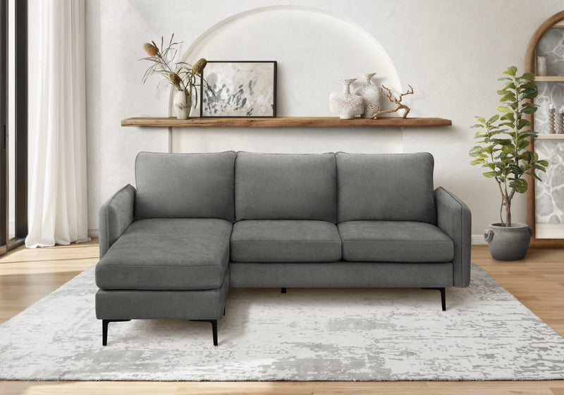 Upholstered Chaise Lounge Sofa Lounger, 85\" Wide, Grey Fabric, Black Metal Legs Sofa