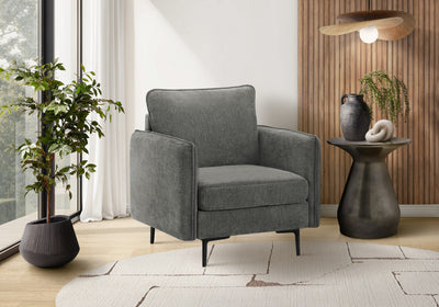 Upholstered, Accent Chair, 32" Wide, Dark Grey Fabric, Black Metal Legs Accent Chair | Chaise D'Appoint, 34" De Large, Tissu Gris Fonce, Pieds En Metal Noir