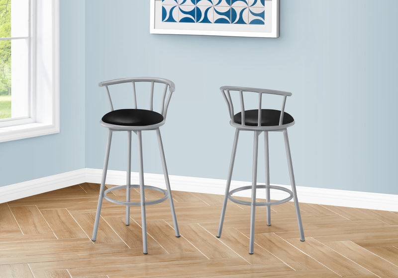 Barstool Set Of 2 Swivel Bar-Height Grey Metal Black Leather-Look Contemporary Modern