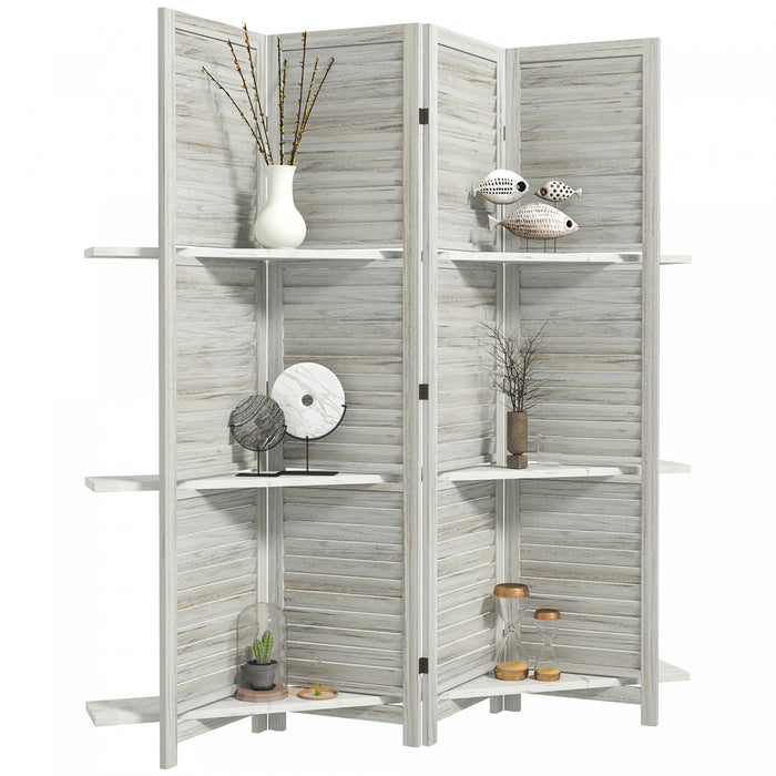 Homcom 4-panel Privacy Screen With Storage Shelf Foldable Distressed White